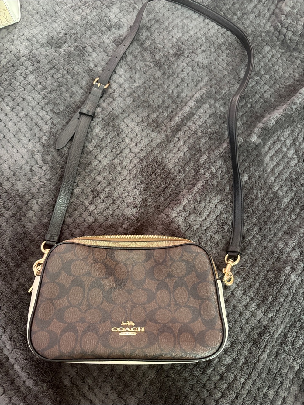 Coach Brown Signature Crossbody with Black Adjustable Strap and Gold Hardware